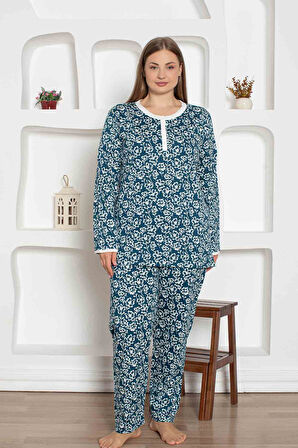 Kadın Çiçek Desen Bisiklet Yaka 3 Düğmeli %100 Pamuk Penye İnce Yazlık Uzun Kol Pijama Takımı