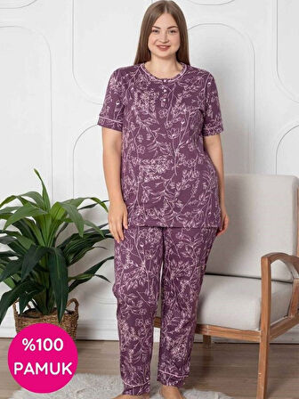 Kadın Çiçek Desen Bisiklet Yaka 3 Düğmeli Kısa Kol Cepli Pijama Takımı