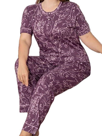 Kadın Çiçek Desen Bisiklet Yaka 3 Düğmeli Kısa Kol Cepli Pijama Takımı