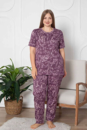 Kadın Çiçek Desen Bisiklet Yaka 3 Düğmeli Kısa Kol Cepli Pijama Takımı