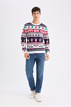 Standart Fit Normal Kesim Yılbaşı Temalı Bisiklet Yaka Triko Kazak