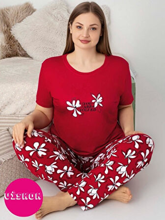 Kadın Bisiklet Yaka Düğmesiz Battal Kesim Viskon Yazlık Kısa Kol Cepli Büyük Beden Pijama Takımı