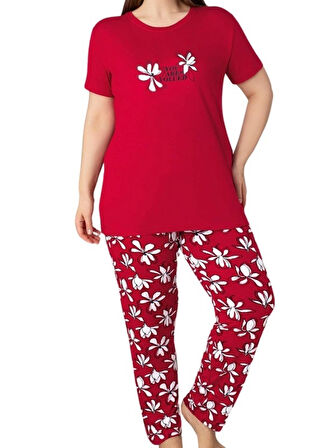 Kadın Bisiklet Yaka Düğmesiz Battal Kesim Viskon Yazlık Kısa Kol Cepli Büyük Beden Pijama Takımı