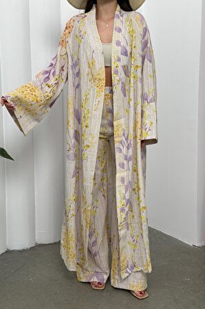 Kadın Desenli Keten Ikili Kimono Takım