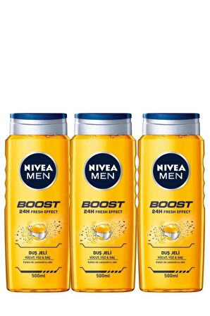 NIVEA MEN Erkek Duş Jeli Boost 500ml, Vücut Yüz Saç, Nane Özleri, Kafein ile Canlandırıcı Bakım, X3 Adet