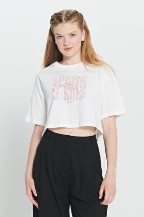Oversize Fit Bol Kesim %100 Pamuk Bisiklet Yaka Baskılı Crop Tişört