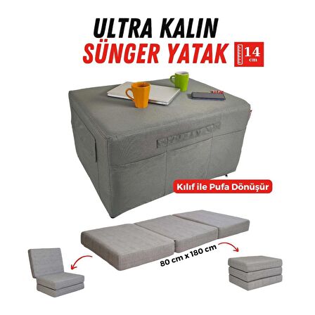 Ultra Kalın Katlanır Sünger Yatak Yer Yatağı Katlanır Yer Minderi Misafir Yatağı 80x180x14  Gri