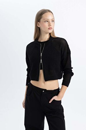 DeFacto Coool Fitted Crop Fermuarlı Triko Hırka B6718AX24SPBK27