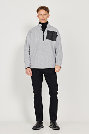 Erkek Gri Melanj Oversize Fit Genis Kesim Bato Yaka Cep Detayli Fermuarli Isi Tutan Polar Sweatshirt