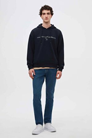 Twn Relaxed Fit Lacivert Nakışlı 3 İplik Kapüşonlu Sweatshirt 3ECE24ORT0493