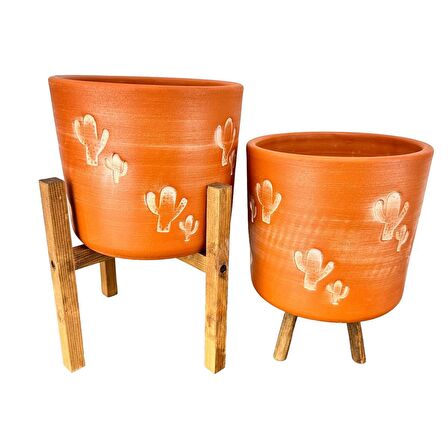 Ev Dekorasyon Aksesuar Kaktüs Desenli Toprak Saksı Saksılık Salon Çiçeklik İkili Set 3 Ayaklı- 4 Ayaklı- 19 CM