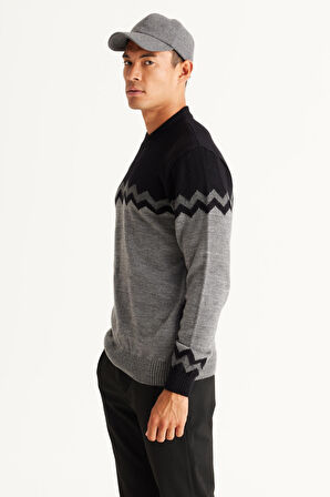 Erkek Sıyah-grı Melanj Standart Fit Normal Kesim Yarım Balıkçı Yaka Zikzak Desenli Triko Kazak