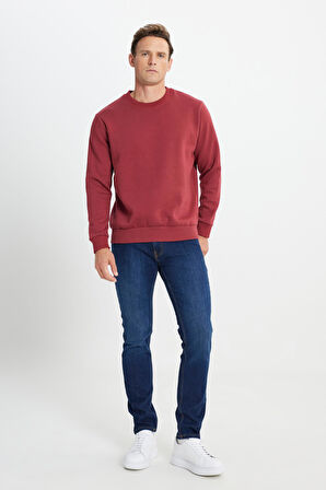 Erkek Bordo Standart Fit Normal Kesim Içi Polarlı 3 Iplik Bisiklet Yaka Pamuklu Sweatshirt