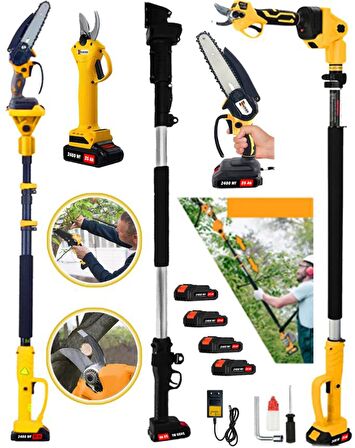 Wacker Germany 2400 Wf 4 ADET Akülü Yellow 3 Lü set Brushles Kömürsüz Motor 2.7 Metre Teleskopik Hediyeli + Akülü Dal Budama + Bağ Makası