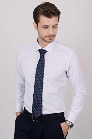 Gömlek Kravat Seti ( sunda Lacivert Turuncu Desenli Kravat & Beyaz Armür Slimfit Gömlek)