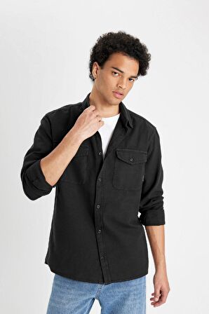 DeFacto %100 Pamuk Regular Fit Polo Yaka Basic Düz Uzun Kollu Gömlek B2654AX24AUAR221