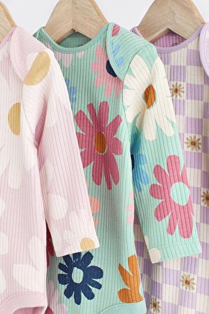 % 100 Pamuklu Adaçayı Yeşili Çiçekli Uzun Kollu 3’lü Body Zıbın