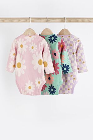 % 100 Pamuklu Adaçayı Yeşili Çiçekli Uzun Kollu 3’lü Body Zıbın