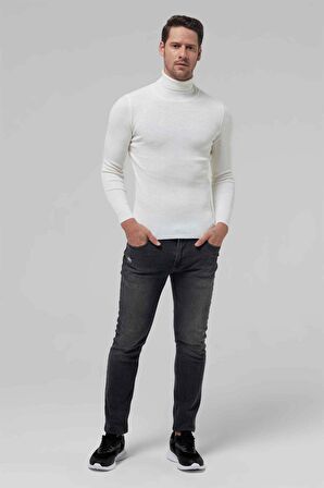 Twn Slim Fit Ekru Rib Örgü Yarım Balıkçı Yünlü Triko Kazak 1EC060631764M