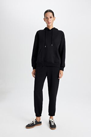 DeFacto Relax Fit Kapüşonlu Kanguru Cepli Kalın Basic Düz Siyah Sweatshirt W1240AZ24WNBK81