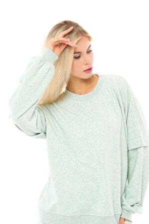 defy's Kadın Oversize Sweat Kol Detaylı Yeşil Melanj