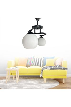 Fuji Siyah 2'li Beyaz Camlı Avize | Kaliteli Modern Metal Avize