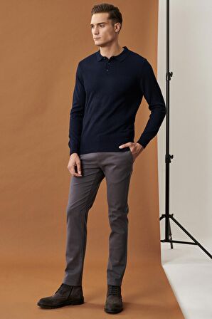 Erkek Antrasit Kanvas Slim Fit Dar Kesim Yan Cep Esnek Chino Pantolon