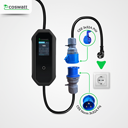 Coswatt Elektrikli Araç Taşınabilir Şarj Cihazı 7 kW / 32A / Tip-2 / Türkçe Menü / 3x32A Fiş / 5m Kablo / 220V AC / Ev Tipi Priz Dönüştürücü Kablo ve Taşıma Çantası Dahil