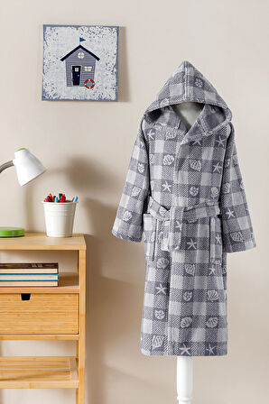 Özdilek Shell Plaid Kapüşonlu Kadife Çocuk Bornozu 1/2 Yaş
