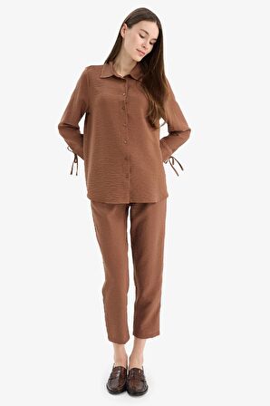 Jogger Pantolon Keten Görünümlü Cepli Yüksek Bel Düz Paça