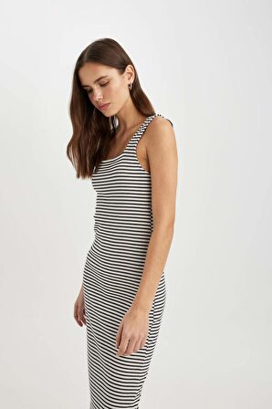 DeFacto Bodycon Vücudu Saran Kare Yaka Çizgili Fitilli Kaşkorse Askılı Midi Elbise A9422AX24SMBK81