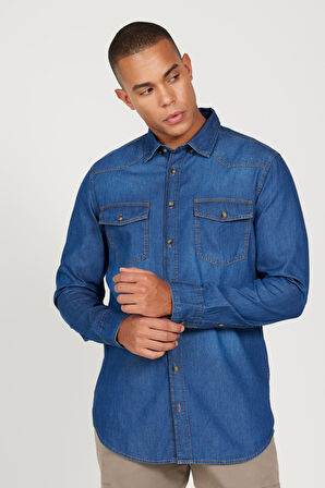 Erkek Mavi Slim Fit Dar Kesim Gizli Düğmeli Yaka %100 Pamuk Denim Gömlek