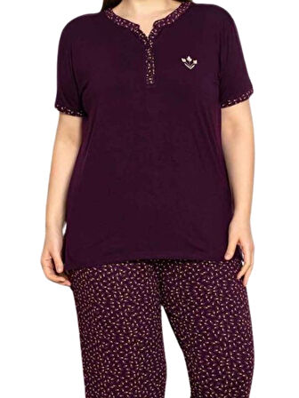 Kadın Mürdüm Desenli V Yaka 3 Düğmeli Likralı Viskon Kısa Kol Pijama Takımı