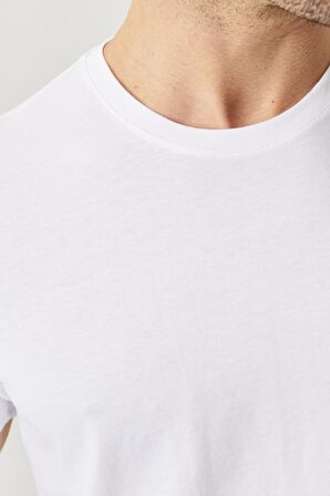 Erkek Beyaz Slim Fit Dar Kesim Bisiklet Yaka %100 Pamuk 2'li Düz Tişört Paketi