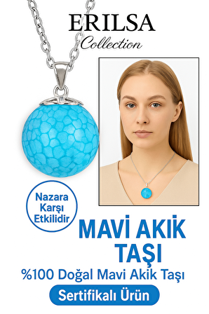 Sertifikalı Yuvarlak Doğal Damarlı Mavi Akik Taşı Doğal Taş Kolye