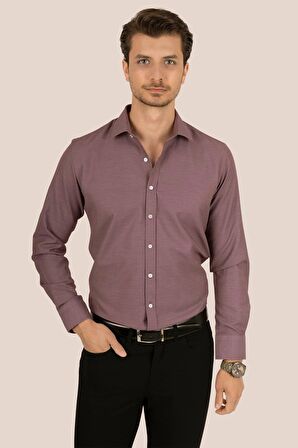 Bordo Armür Desenli Slimfit Gömlek