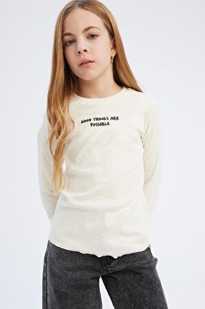 DeFacto Kız Çocuk Slim Fit Dar Kesim Bisiklet Yaka Baskılı Fitilli Kaşkorse Uzun Kollu Tişört D8565A825SPER99