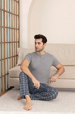 Erkek Ekose Desen 3 Düğmeli Bisiklet Yaka Modal Yazlık Kısa Kol Cepli Pijama Takımı
