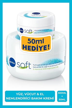 Soft Nemlendirici El Yüz ve Vücut Bakım Kremi 300ml ve 50ml, Jojoba Yağı, E Vitamini, Ekonomik Paket