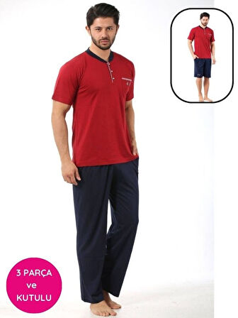 Erkek 3 Düğmeli Likralı Pamuk Kısa Kol Cepli Şortlu 3lü Pijama Takımı-3 Parça Kutulu Çeyizlik Set
