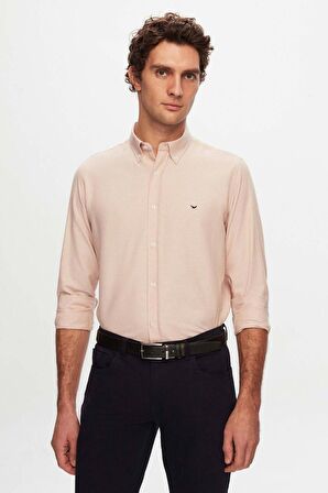 Slim Fit Ekru Oxford Düğmeli Yaka Kolay Ütülenebilir Nakış Detaylı Pamuklu Gömlek 4HC02ORT03265