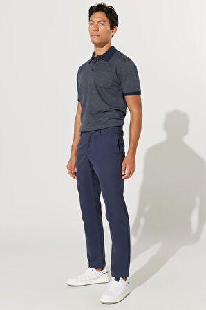 Erkek Lacivert Comfort Fit Rahat Kesim Pamuklu Diyagonal Desenli Esnek Pantolon
