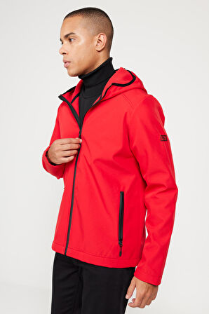 Erkek Kırmızı Standart Fit Normal Kesim Dik Yaka Softshell Mont