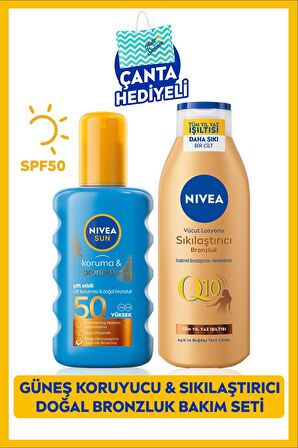 Nivea Sun Koruma Bronzluk Güneş Spreyi 200ml Ve Q10 Sıkılaştırıcı Bronzlaştırıcı Losyon 200ml,çanta Hediye