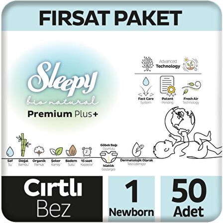 Sleepy Bio Natural Premium Plus Fırsat Paketi Bebek Bezi 1 Numara Newborn 50 Adet