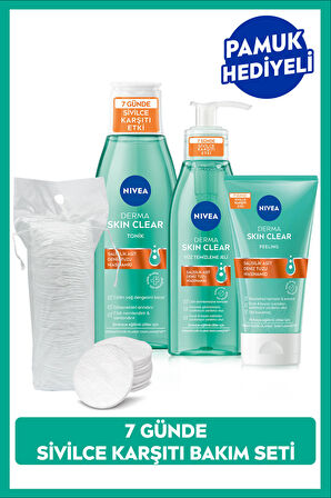 NIVEA Derma Skin Clear Sivilce Karşıtı Yüz Temizleme Jeli 150ml, Nemlendirici Tonik 200ml ve Peeling 150ml, Yağlı Cilt, Bez Çanta Hediyeli