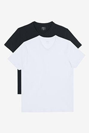 2'li Slim Fit Dar Kesim V Yaka %100 Pamuk Tişört