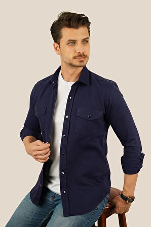 Lacivert Slimfit Gerçek Kot Erkek Gömlek