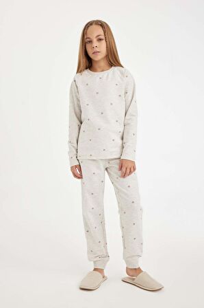 DeFacto Kız Çocuk Pijama Takımı Kalp Baskılı Bisiklet Yaka Uzun Kollu Üst Uzun Alt D3728A824AUER151