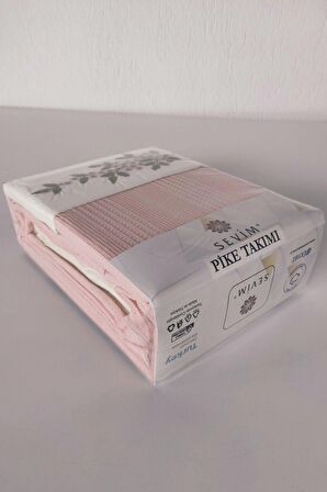 Sevim Çift Kişilik 4 Parça Pike Takımı Çeyizlik, Nakışlı Pike Seti, Legacy-Pudra